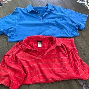 2 Patagonia Men size large collared shirts, one blue one red with blue stripes